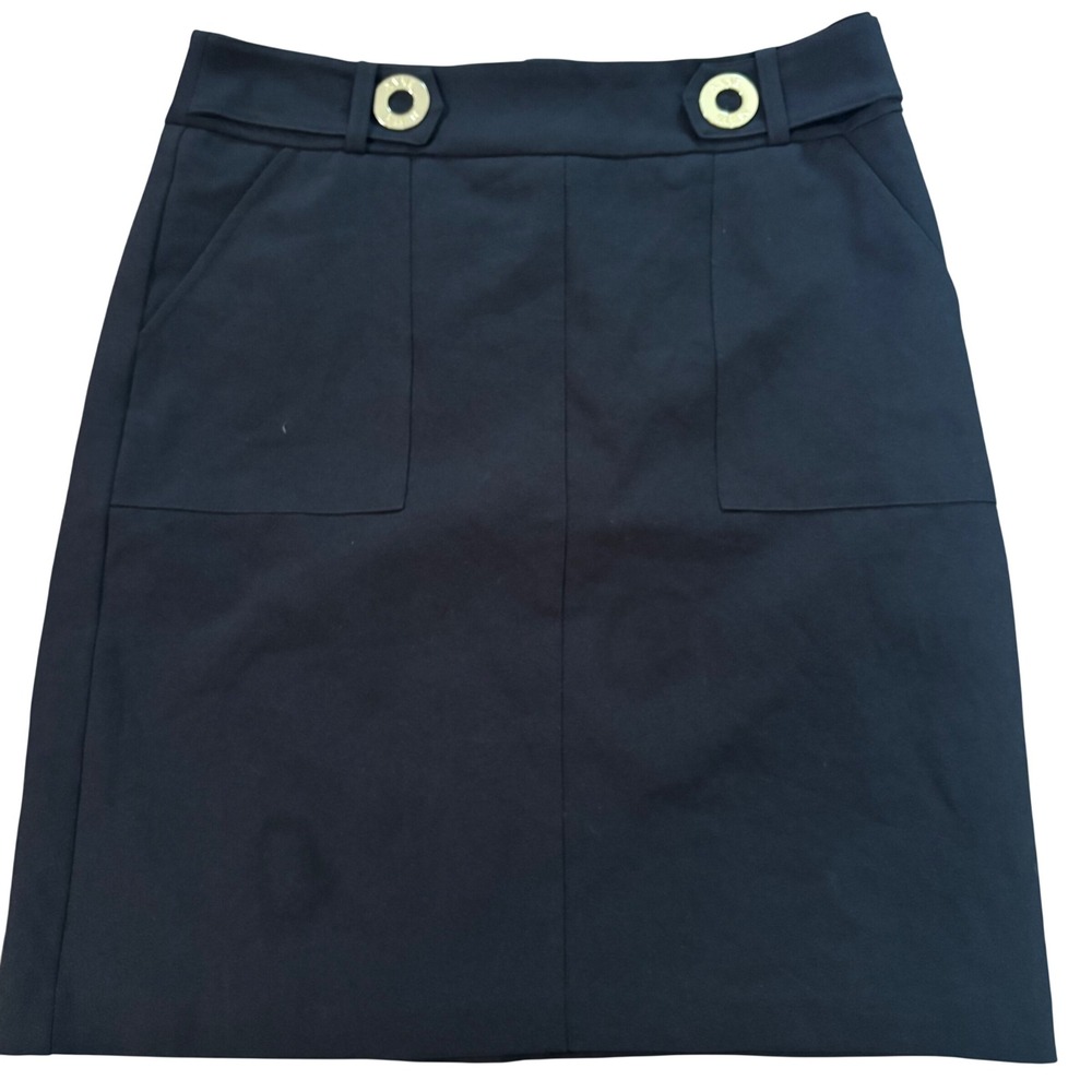 Anne Klein Black Pencil Skirt Size 8‎ Gold Hardware Stretch Crepe Knee Length